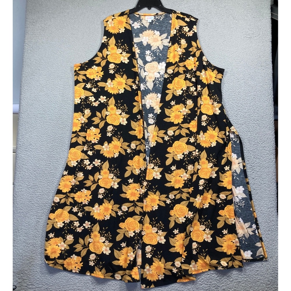 LuLaRoe Joy Vest Women XL Black Yellow Floral Longline Side Slit Open Front